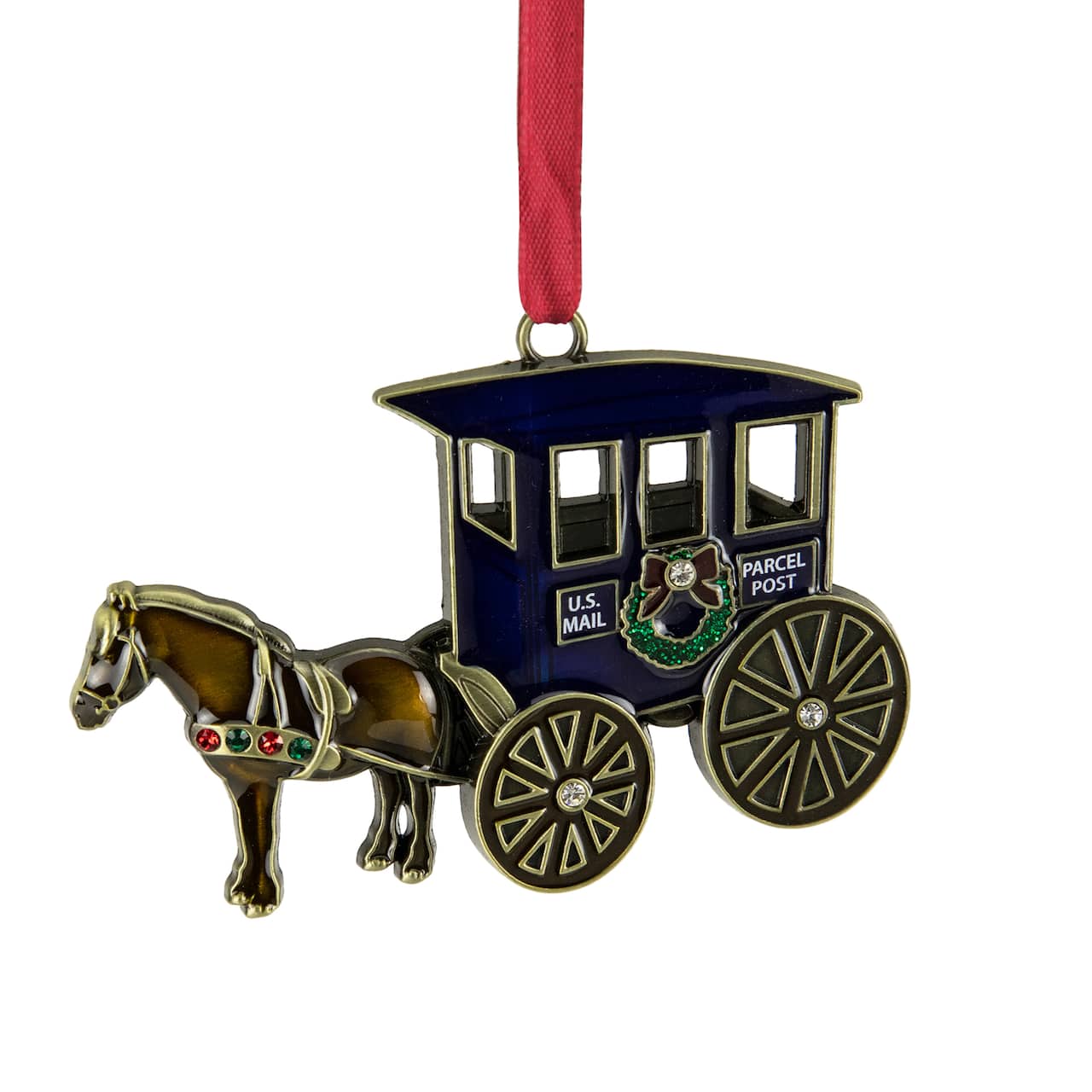 2.25" Antique Brass-Plated Horse & Buggy Ornament with European Crystals